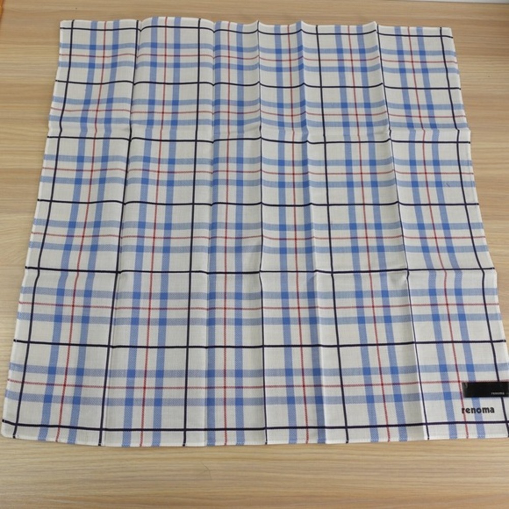 Renoma Paris Handkerchief Mens Pocket Square Scarf‎ Blue Plaid Cotton 17.5 NEW